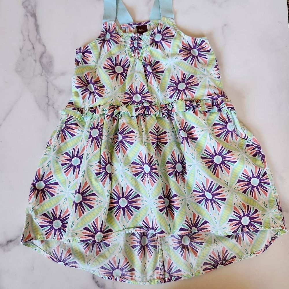 Tea 2t 100% cotton little girls summer sleeveless strappy blue green dress fisht